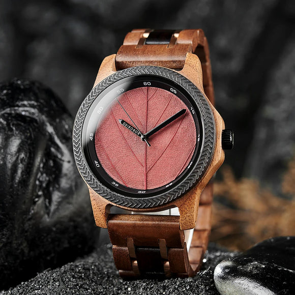 Reloj Bobo Bird con hoja roja natural y pantalla minimalista