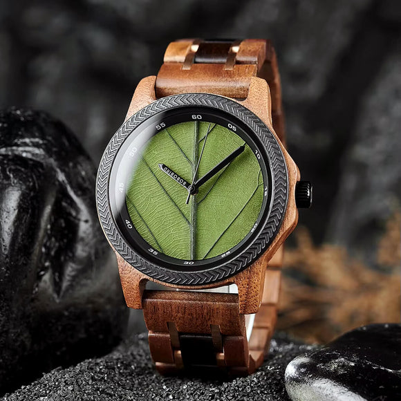 Reloj Bobo Bird con hoja verde natural y pantalla minimalista