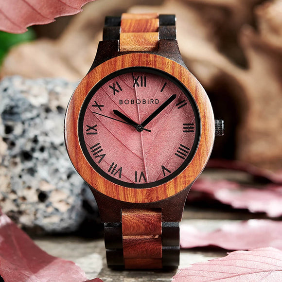 Reloj Bobo Bird con hoja roja natural y pantalla con números romanos